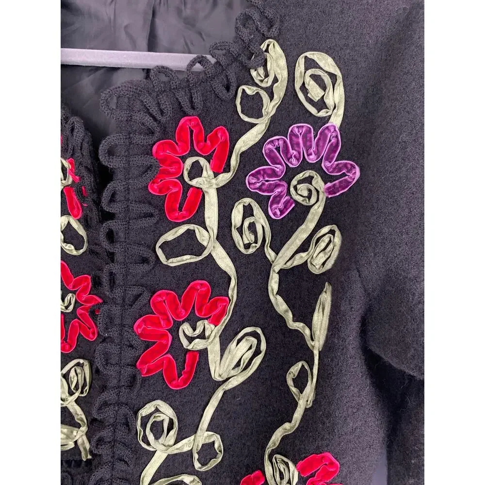 Carson Vintage Wool Floral Ribbon Open Cardigan Sweater Womens Medium Black Red